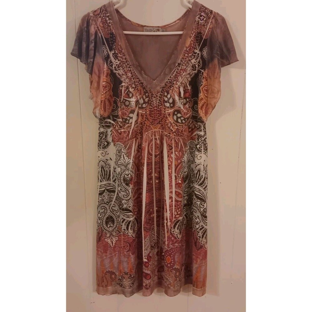 Unity World Wear  Y2K V Neck Embellished Bohemian Babydoll Dress  Petite Large